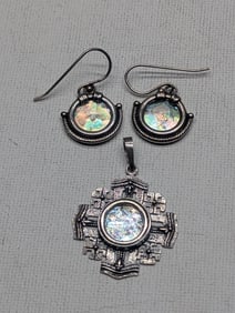 Ancient Roman Glass SOLID SILVER Earring Set & Necklace Pendant - VERY PRETTY JEWELRY!!