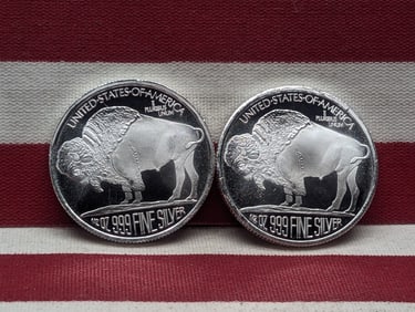 (2) 1/2 Oz. Each .999 FINE SILVER Indian Head Buffalo Nickel Designed Rounds