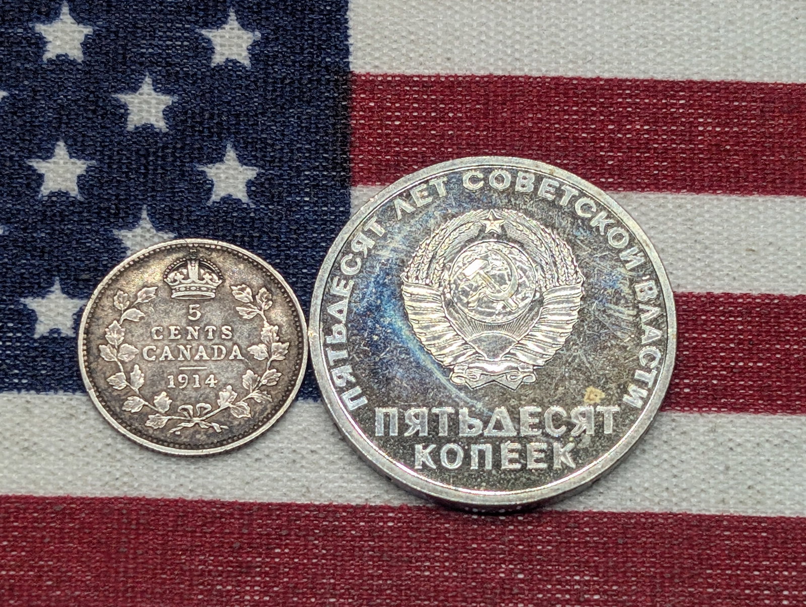 1914 Canada 5 Cents, 92.5% Silver & (1967) USSR 50 Kopecks (1 of 2)