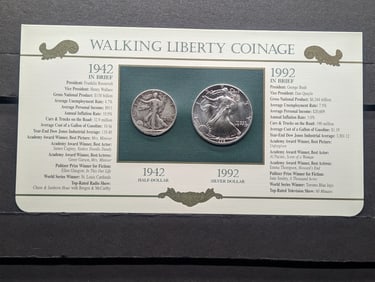 Walking Liberty Coinage 50 Years Apart - 1942-D Walking Liberty Half Dollar & 1992 American Silver