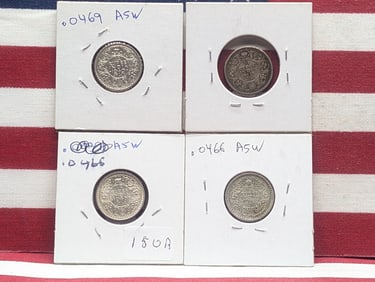 4 British India One Fourth Rupees All .917 Silver. Nice conditions from 1918, 1940, 1944, & 1945 In