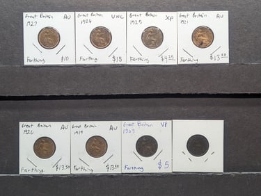 8 Great Britain Copper Farthings from 1890 to 1927. Conditions from 1890 in VF to 1926 in