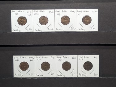 8 Great Britain Copper Farthings from 1928 to 1932, 1934, 1936, & 1937. Conditions from AU to MS Red