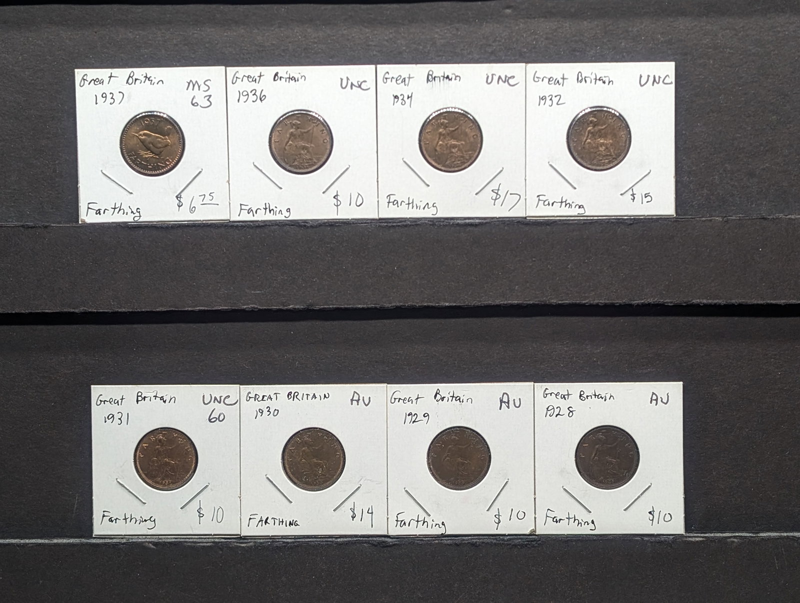 8 Great Britain Copper Farthings from 1928 to 1932, 1934, 1936, & 1937. Conditions from AU to MS Red (1 of 7)