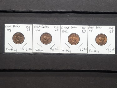 4 Great Britain Copper Farthings from 1938, 1940, 1942, & 1943. All MS Red brown. Mainly Red.