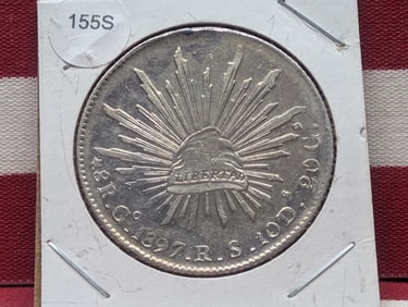 1897 Mexican 8 Reales Coin, Radiant Cap w/Rays, 90% Silver, 27.07 Gr.