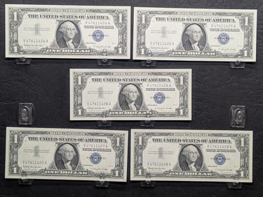 5 consecutive serial number 1957 B $1 silver certificates. GEM CU.