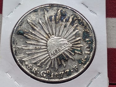 1877 Mexican 8 Reales, Radiant Cap w/Rays, 90% Silver, 27.07 Gr.