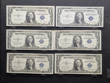 6 GEM crisp $1 silver certificates: two 1935 D, two 1935 E, and two 1935 F.