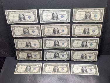 Fifteen 1957 $1 silver certificates: five 1957, five 1957 A, and five 1957 B. Circs.