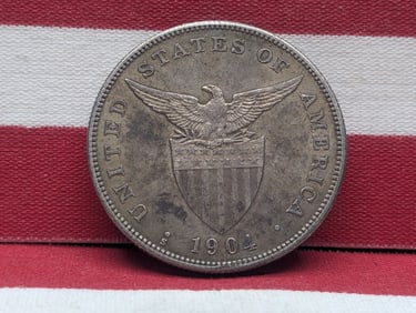 1904-S Philippines One Peso, Semi-key Date, MS, 80% Silver, 20 Gr.