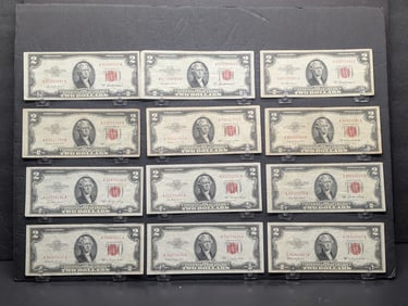 Twelve 1953 $2 Red Seal Notes: three 1953, three 1953A, three 1953B, and three 1953C. Nice condition