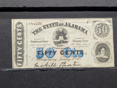 1863 Montgomery Alabama 50 Cents. Signed. Super Southern states Civil War currency. Choice