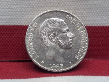 1885 Philippines Alfonso XII, 50 Centavos "Full Beard" MS, 83.5% Silver, 12.98 Gr.