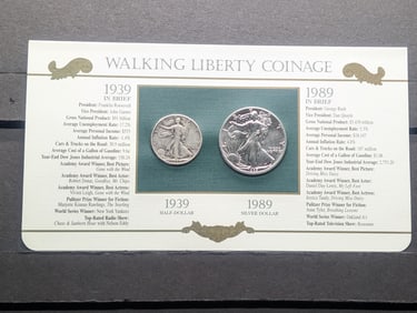 Walking Liberty Coinage 50 Years Apart - 1939-D Walking Liberty Half Dollar & 1989 American Silver