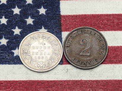 1874 German Empire 2 Pfennig & 1862 India British 1/4 Silver Rupee (2 PCS): 1874 German Empire 2 Pfennig & 1862 India British 1/4 Silver Rupee (2 PCS)