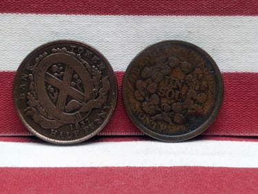 2 Canada Tokens: 1837 one half penny and Montreal Sou.