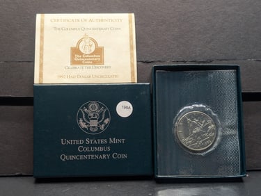 1992-D Columbus Quincentenary Commemorative Clad Half Dollar. GEM BU in original box plus COA.