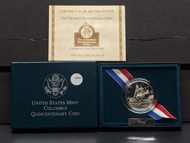 1992-S Columbus Quincentenary Commemorative Clad Half Dollar. GEM Proof in original box plus COA.