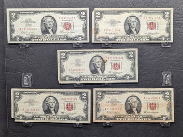 (3) 1963 w/Lower S.N., (1) 1963-A & (1) 1953 Series $2.00 RED SEAL Banknotes
