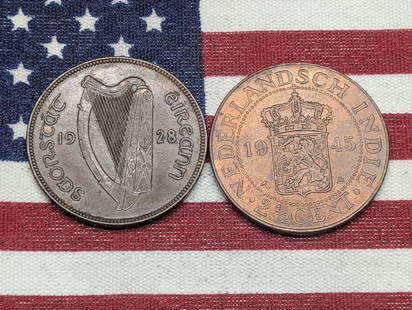 1928 Ireland 1 Pingin & 1945 Dutch East Indies 2 1/2 Cent (2 PCS): 1928 Ireland 1 Pingin & 1945 Dutch East Indies 2 1/2 Cent (2 PCS)