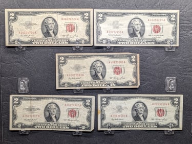 (4) 1953, Two w/Lower S.N. & (1) 1963 Series $2.00 RED SEAL Banknotes