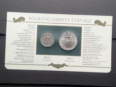 Walking Liberty Coinage 50 Years Apart - 1947-D Walking Liberty Half Dollar & 1997 American Silver