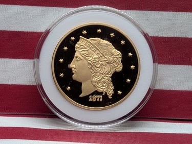 24k Gold *LAYERED* 1877 *TRIBUTE* to the Liberty Head $50 Gold Piece in Display Capsule, Copy
