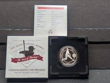 2022-P PROOF Negro Leagues Baseball Commemorative 99.9% Silver Dollar in OGP w/ COA, Only 400,000