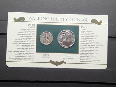 Walking Liberty Coinage 50 Years Apart - 1938 Walking Liberty Half Dollar & 1988 American Silver