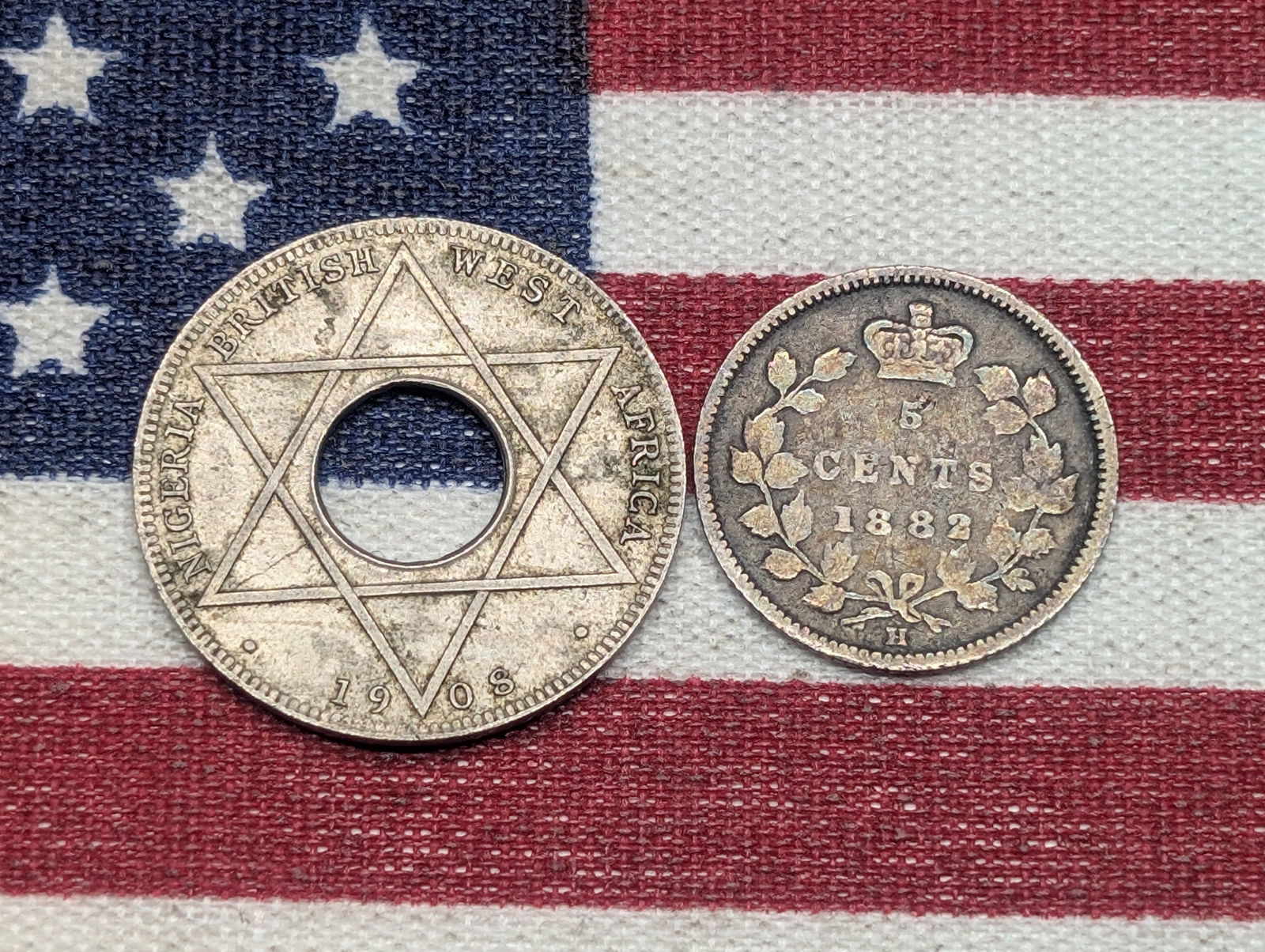 1882-H Canada 5 Silver Cents & 1908 British West Africa 1/10 Penny (2 PCS) (1 of 2)