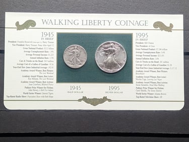 Walking Liberty Coinage 50 Years Apart - 1945-D Walking Liberty Half Dollar & 1995 American Silver