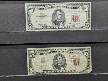 Lot of Two 1963 Series $5.00 RED SEAL Banknotes