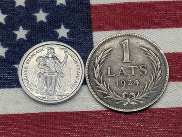 1949 French Oceania 50 Centimes & 1924 Latvia 1 Silver Lats (2 PCS)