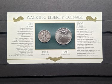 Walking Liberty Coinage 50 Years Apart - 1943-D Walking Liberty Half Dollar & 1993 American Silver