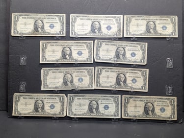 Lot of Ten Various 1935 Series $1.00 Silver Certificates, (8) 1935-D, One w/Lower S.N., & (2) 1935-E