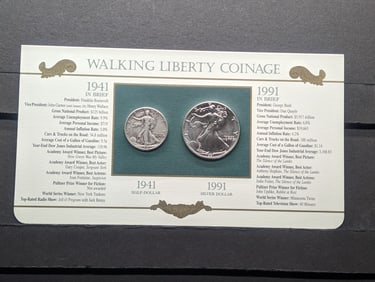 Walking Liberty Coinage 50 Years Apart - 1941 Walking Liberty Half Dollar & 1991 American Silver