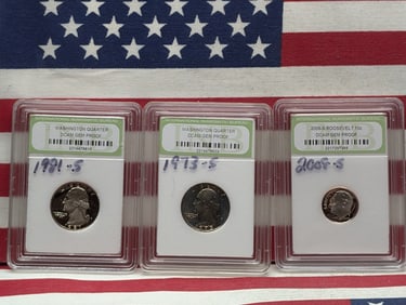 1973-S & 1981-S Washington Quarters & 2008-S Roosevelt Dime, All DCAM GEM Proof