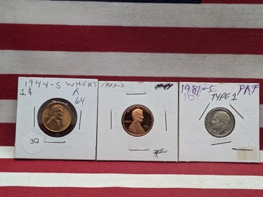 Odd Lot of a 1944-S Lincoln Wheat Cent In 64 Red/83-S Lincoln Memorial Cent In Proof/And An 81-S