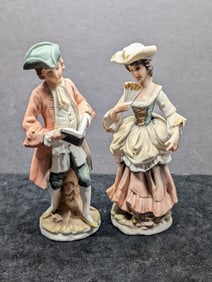 Rococo Style 1950's to 1960's Hand Painted Bisque Porcelain Courting Couple Colonial Figurines - AR