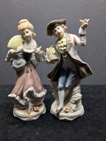 Rococo Style 1950's to 1960's Hand Painted Bisque Porcelain Courting Couple Colonial Figurines - AR