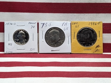 1973-S Proof Kennedy Half Dollar, 1986 UNC Kennedy Half Dollar, & 1976-S Proof Clad Washington