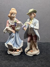 Rococo Style 1950's to 1960's Hand Painted Bisque Porcelain Courting Couple Colonial Figurines - AR