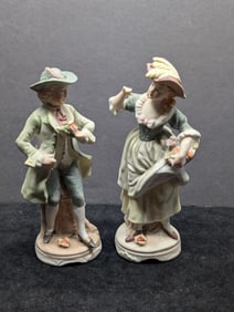 Rococo Style 1950's to 1960's Hand Painted Bisque Porcelain Courting Couple Colonial Figurines - AR