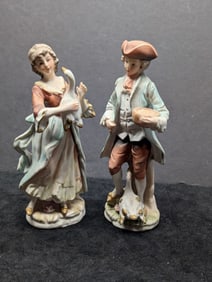 Rococo Style 1950's to 1960's Hand Painted Bisque Porcelain Courting Couple Colonial Figurines - AR