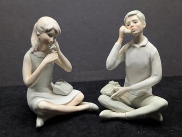 Hand Painted Young Man & Young Lady w/Telephones Figurines, "Romantic Phone Call"
