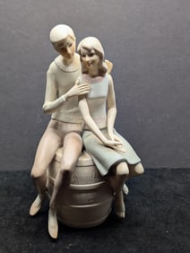 Hand Painted Young Man & Young Lady on Barrel Figurines, World Gift Japan
