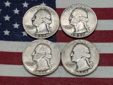 1936, 1937, 1937-D, & 1939 Washington Quarters, 90% Silver
