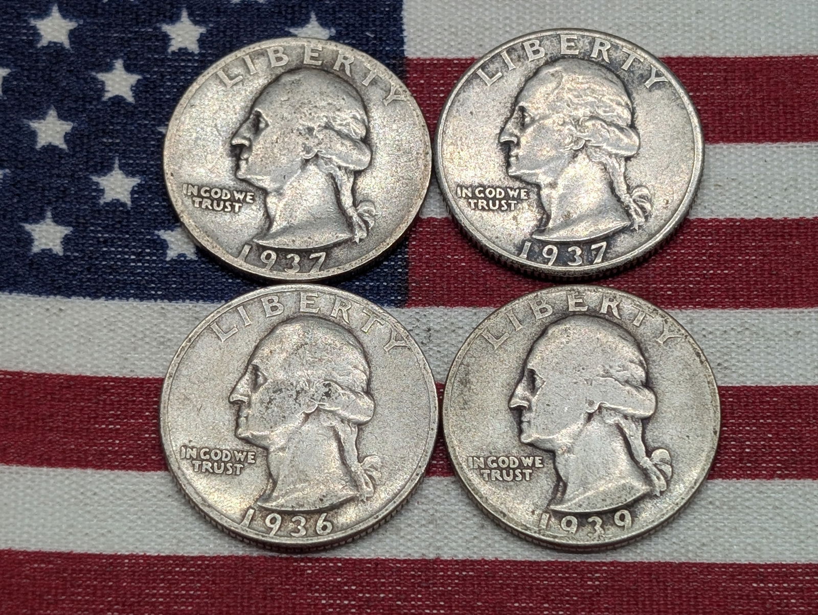 1936, 1937, 1937-D, & 1939 Washington Quarters, 90% Silver (1 of 2)