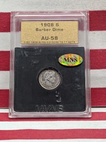 1908-S Silver AU 58 MNS Barber Dime Great Type Coin